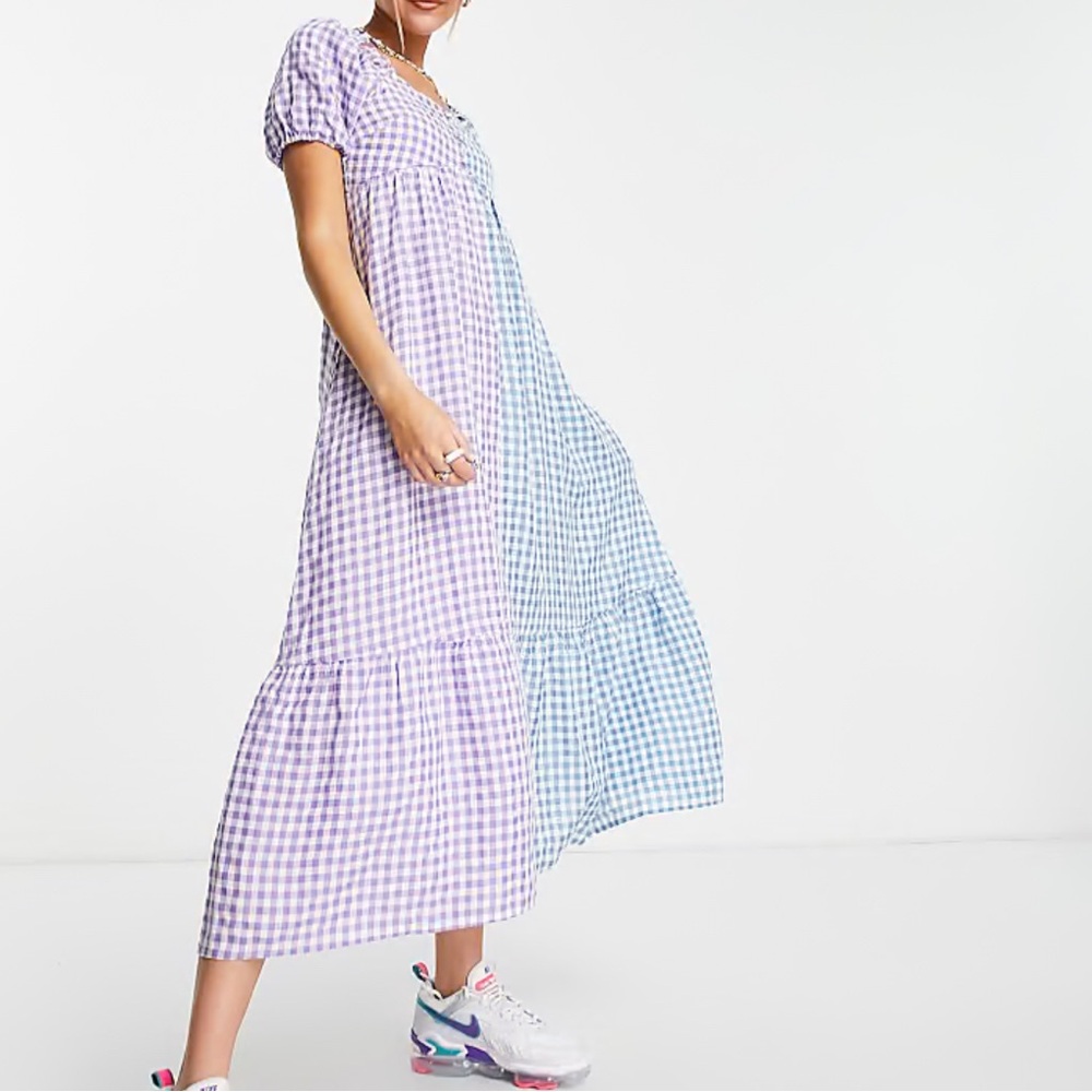 Daisy Street Plaid Smocked Back Colorblock Maxi Dress Small